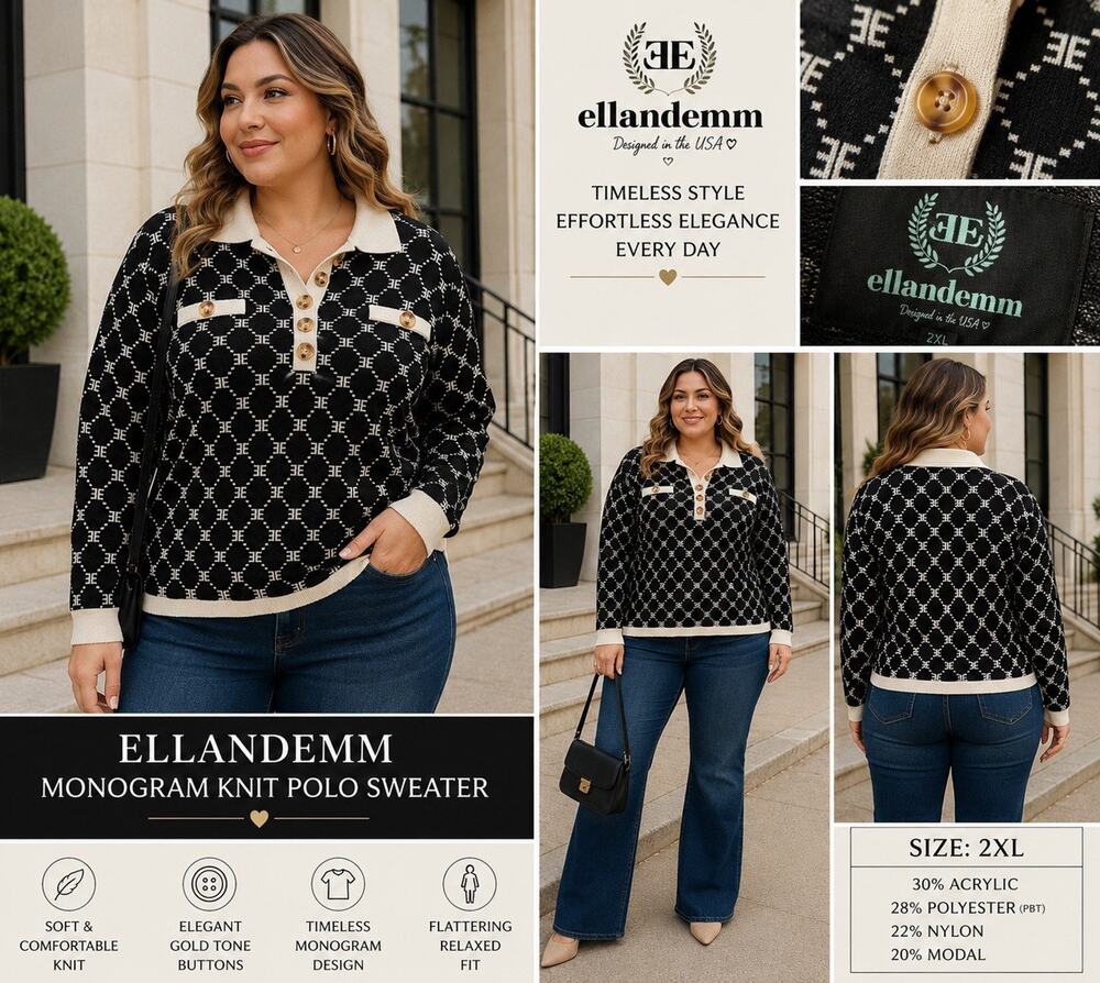 Elle and Emm Monogram Sweater Old Money Preppy Parisian 2XL Black Ivory